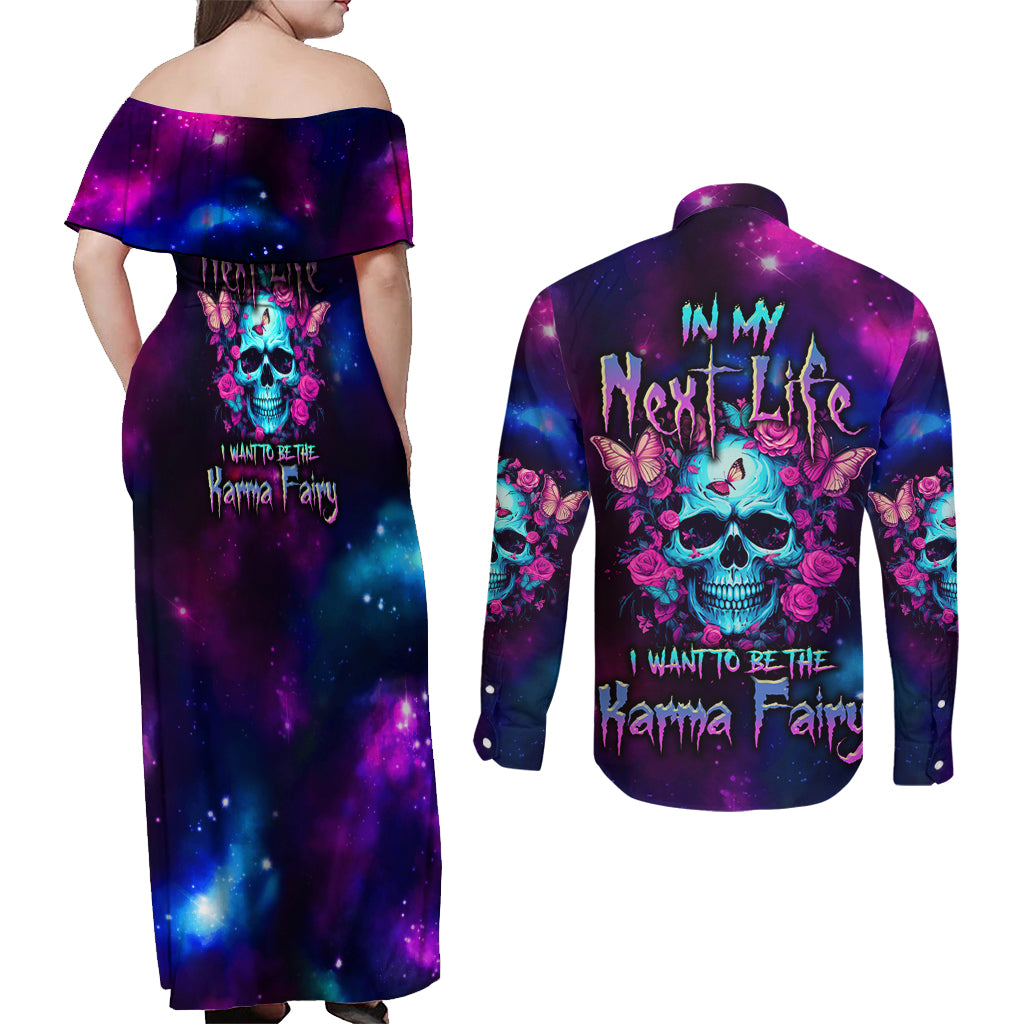Karma Fairy Skull Galaxy Couples Matching Off Shoulder Maxi Dress and Long Sleeve Button Shirt - Wonder Print Shop