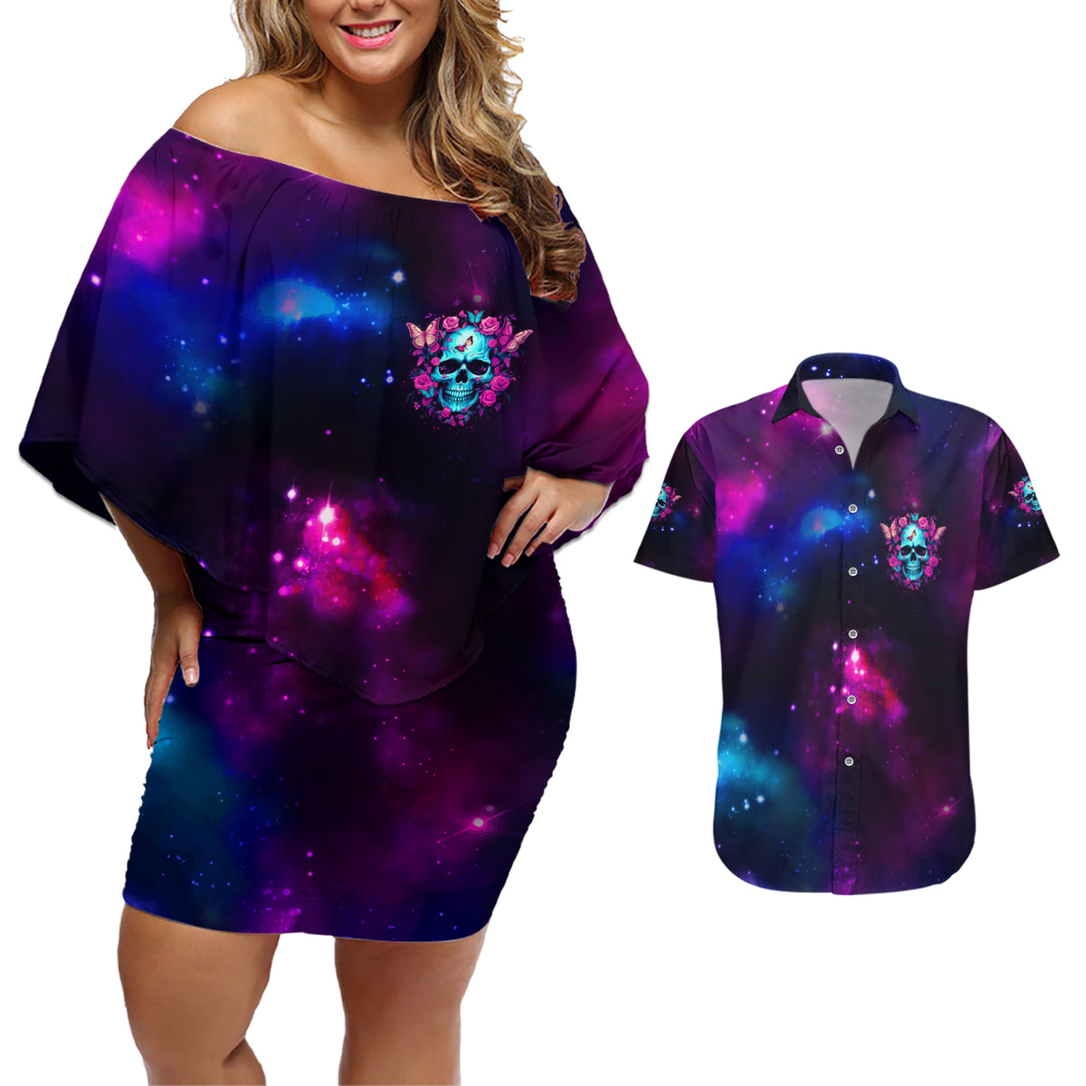 Karma Fairy Skull Galaxy Couples Matching Off Shoulder Short Dress and Hawaiian Shirt - Wonder Print Shop