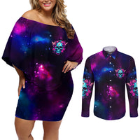 Karma Fairy Skull Galaxy Couples Matching Off Shoulder Short Dress and Long Sleeve Button Shirt - Wonder Print Shop