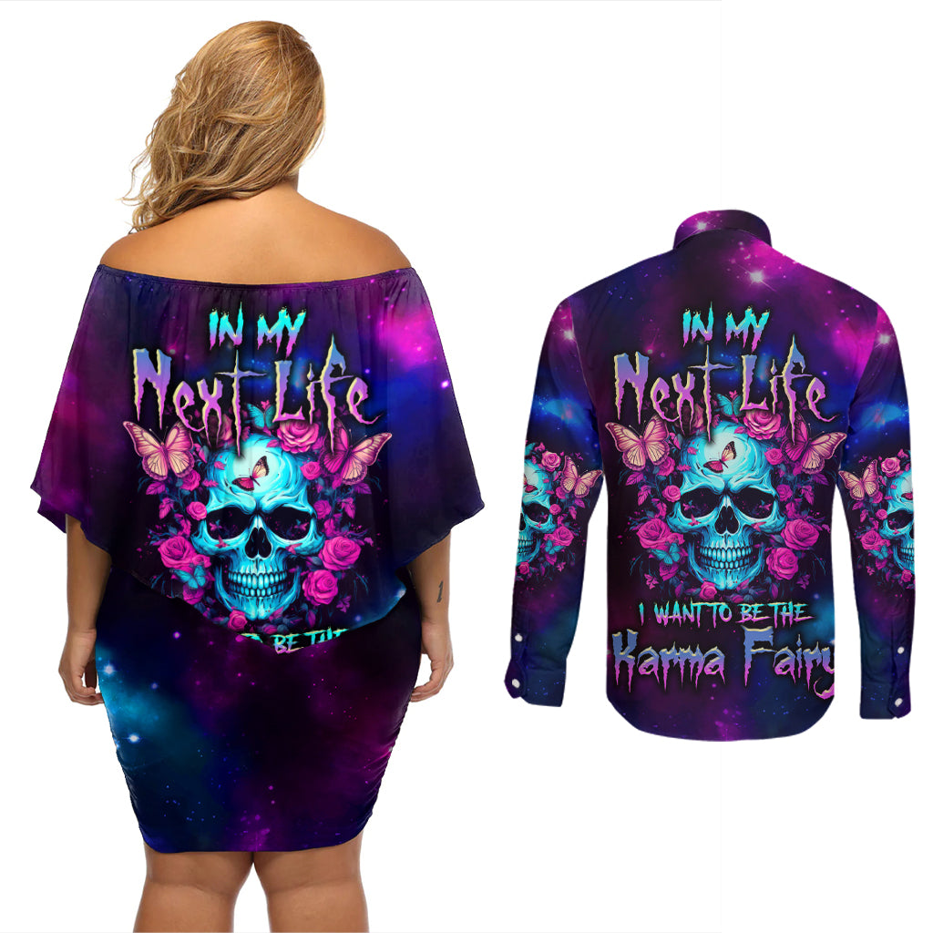 Karma Fairy Skull Galaxy Couples Matching Off Shoulder Short Dress and Long Sleeve Button Shirt - Wonder Print Shop