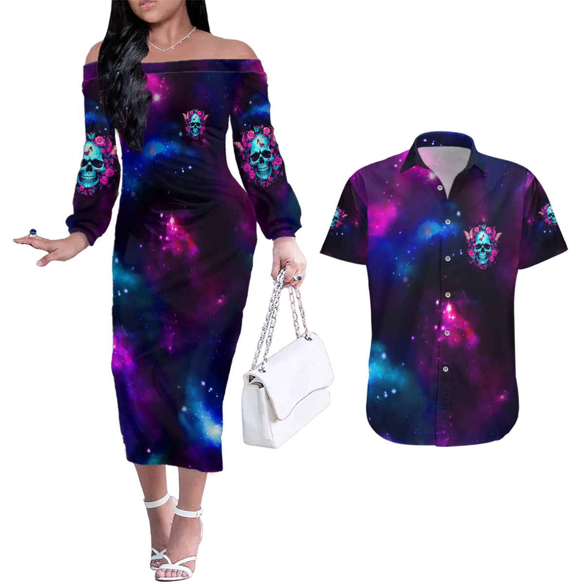 Karma Fairy Skull Galaxy Couples Matching Off The Shoulder Long Sleeve Dress and Hawaiian Shirt - Wonder Print Shop