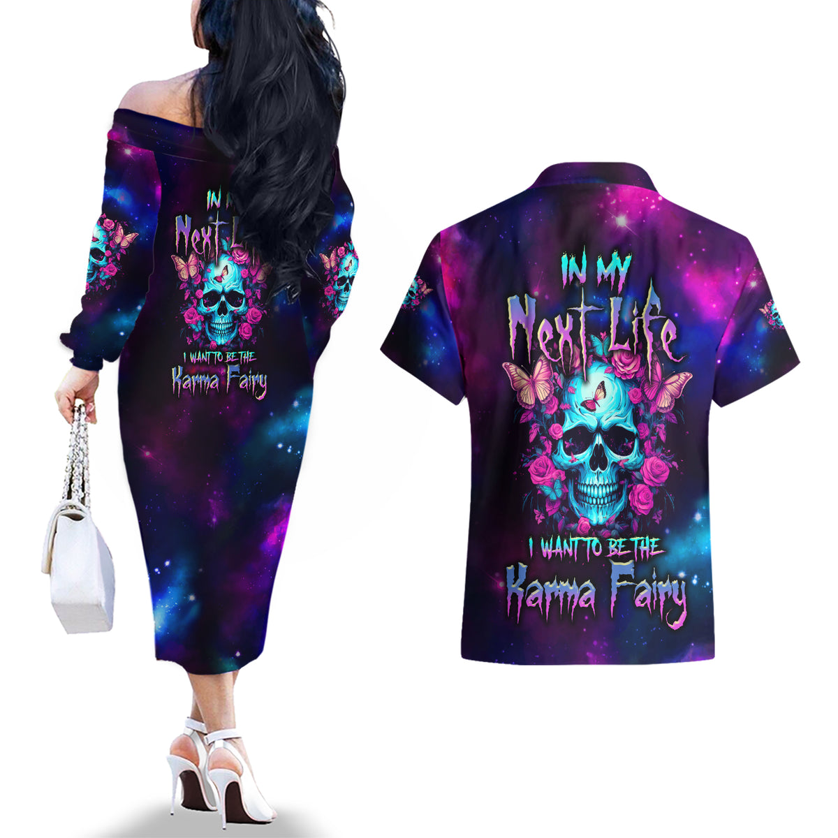 Karma Fairy Skull Galaxy Couples Matching Off The Shoulder Long Sleeve Dress and Hawaiian Shirt - Wonder Print Shop