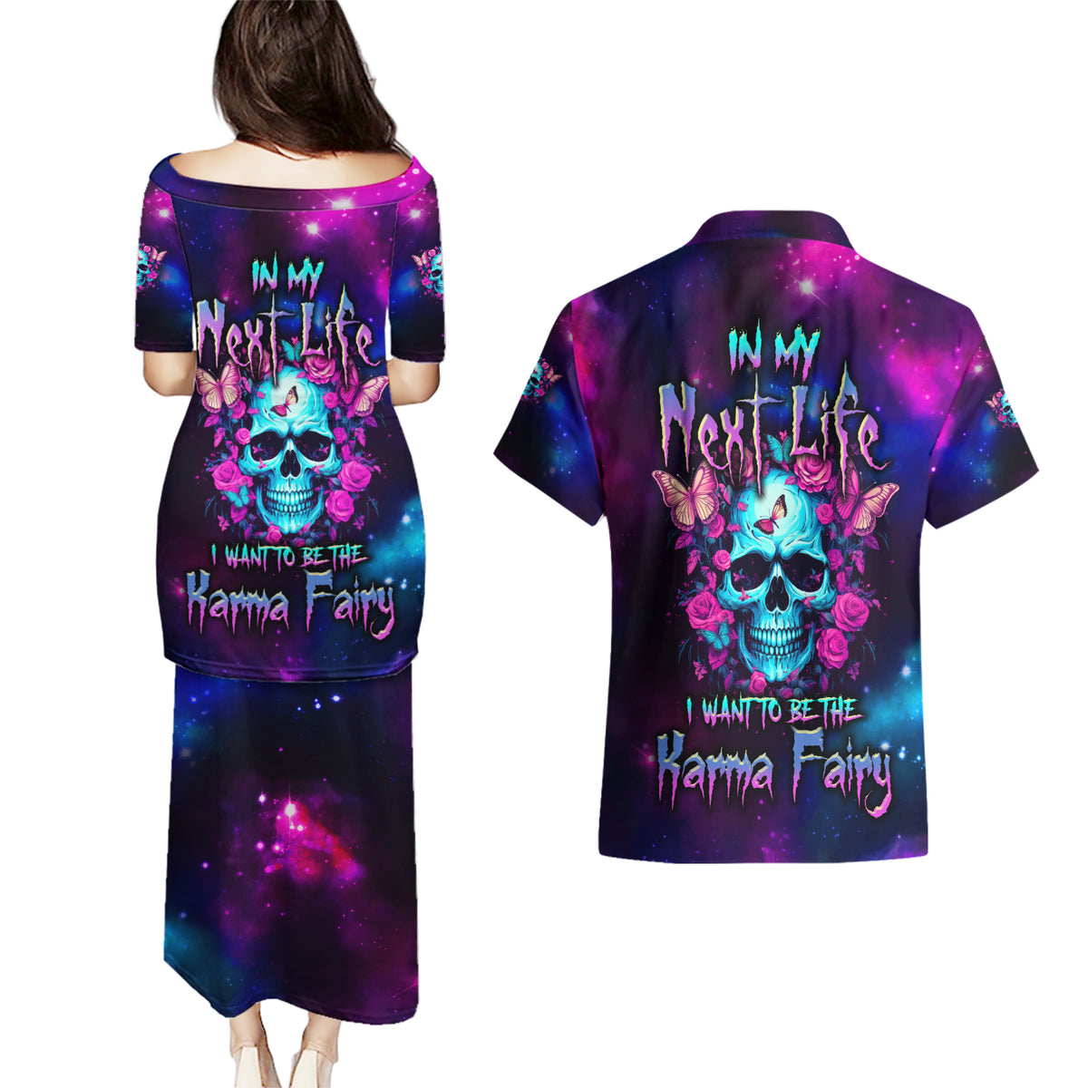 Karma Fairy Skull Galaxy Couples Matching Puletasi Dress and Hawaiian Shirt - Wonder Print Shop
