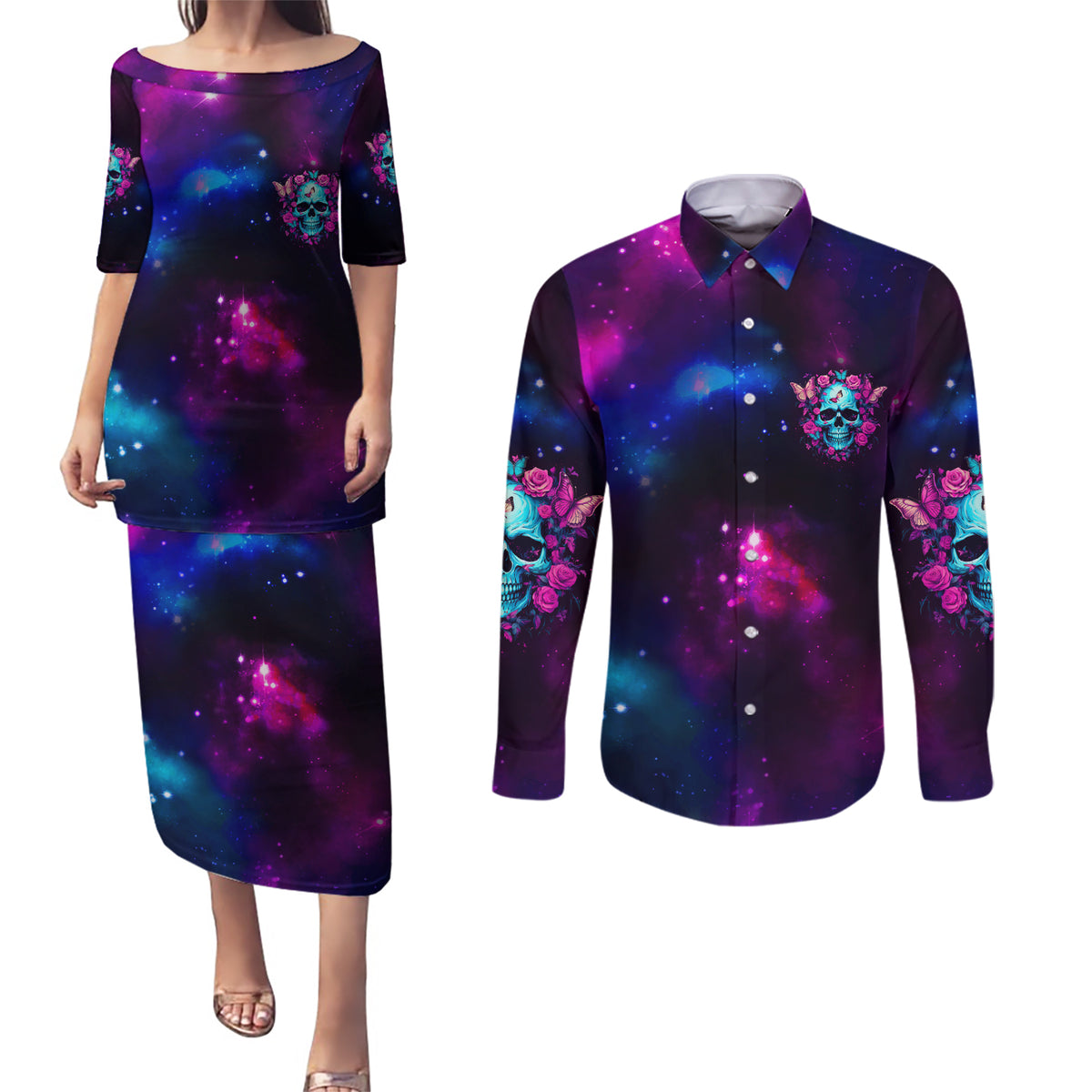 Karma Fairy Skull Galaxy Couples Matching Puletasi Dress and Long Sleeve Button Shirt - Wonder Print Shop