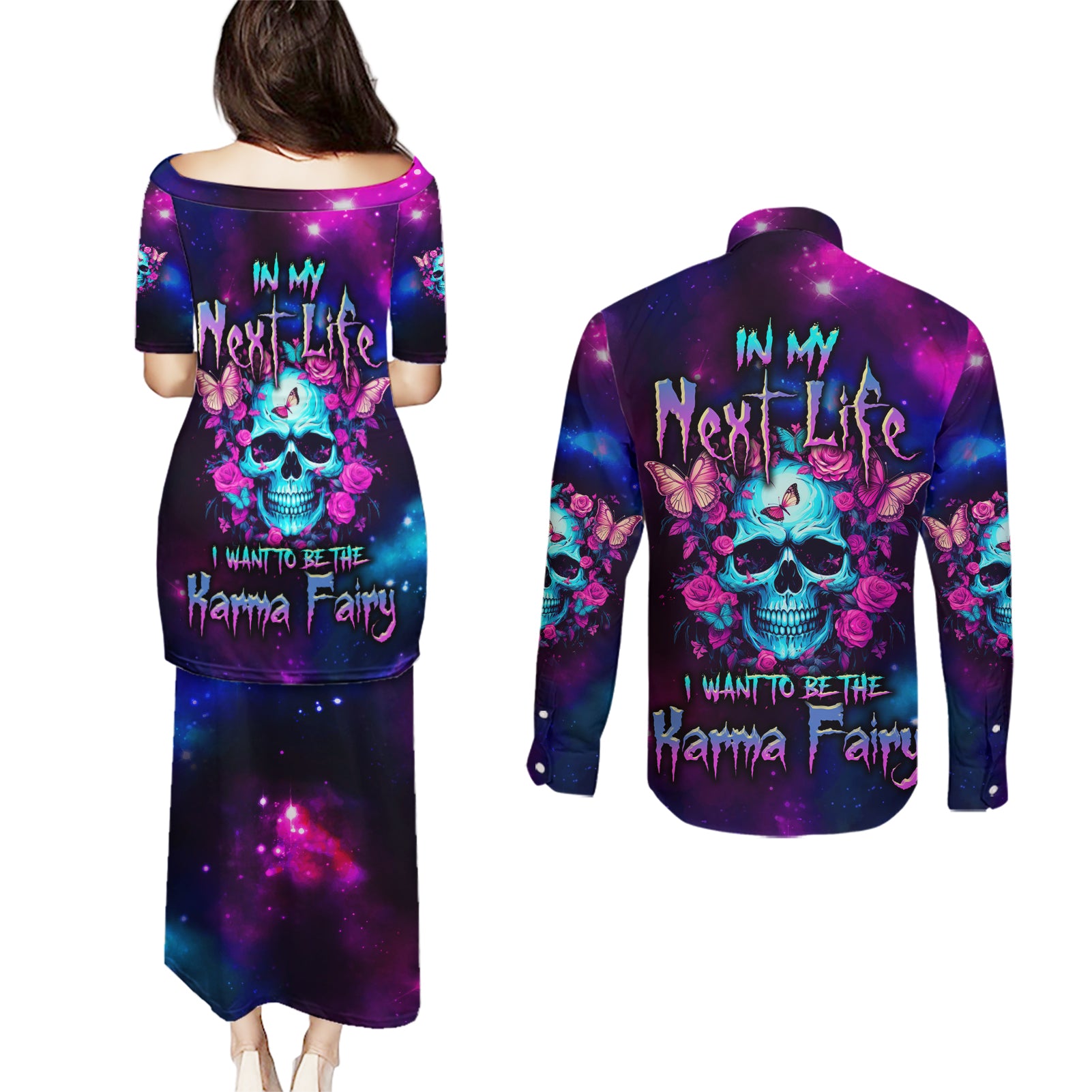 Karma Fairy Skull Galaxy Couples Matching Puletasi Dress and Long Sleeve Button Shirt - Wonder Print Shop