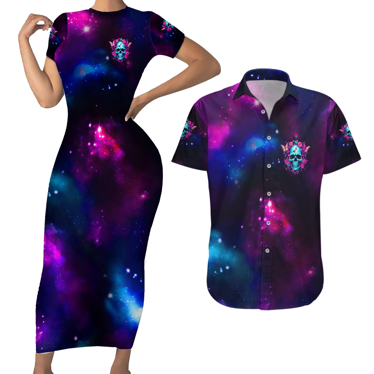 Karma Fairy Skull Galaxy Couples Matching Short Sleeve Bodycon Dress and Hawaiian Shirt - Wonder Print Shop