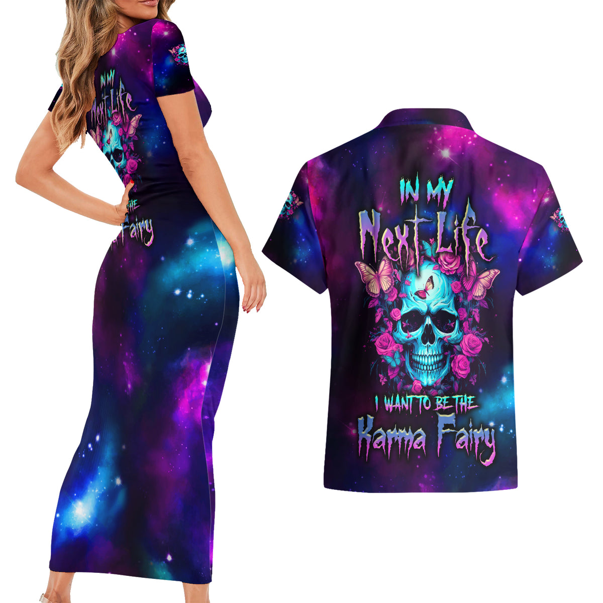 Karma Fairy Skull Galaxy Couples Matching Short Sleeve Bodycon Dress and Hawaiian Shirt - Wonder Print Shop