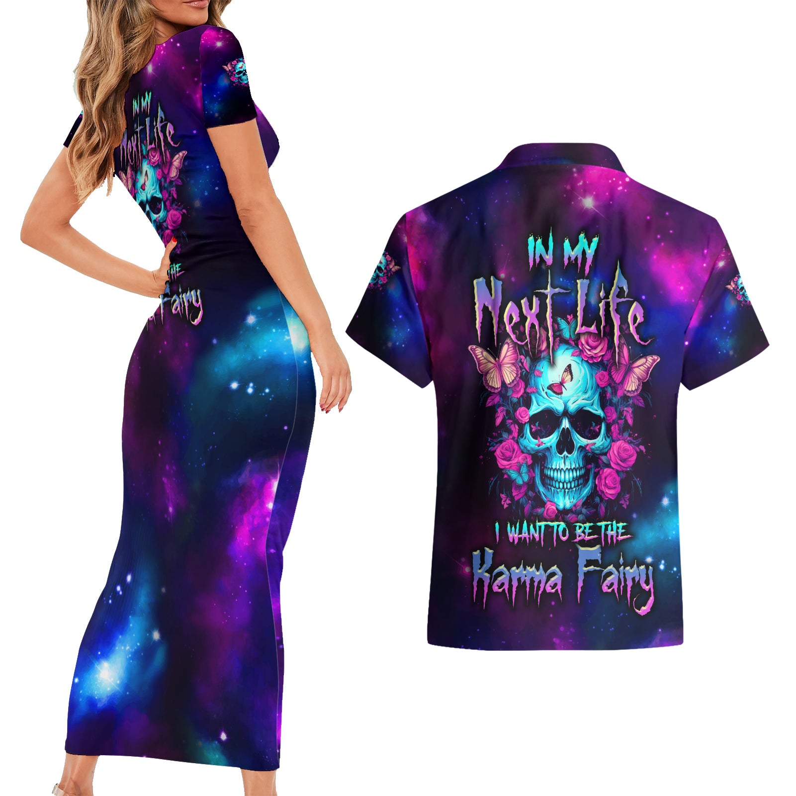 Karma Fairy Skull Galaxy Couples Matching Short Sleeve Bodycon Dress and Hawaiian Shirt - Wonder Print Shop