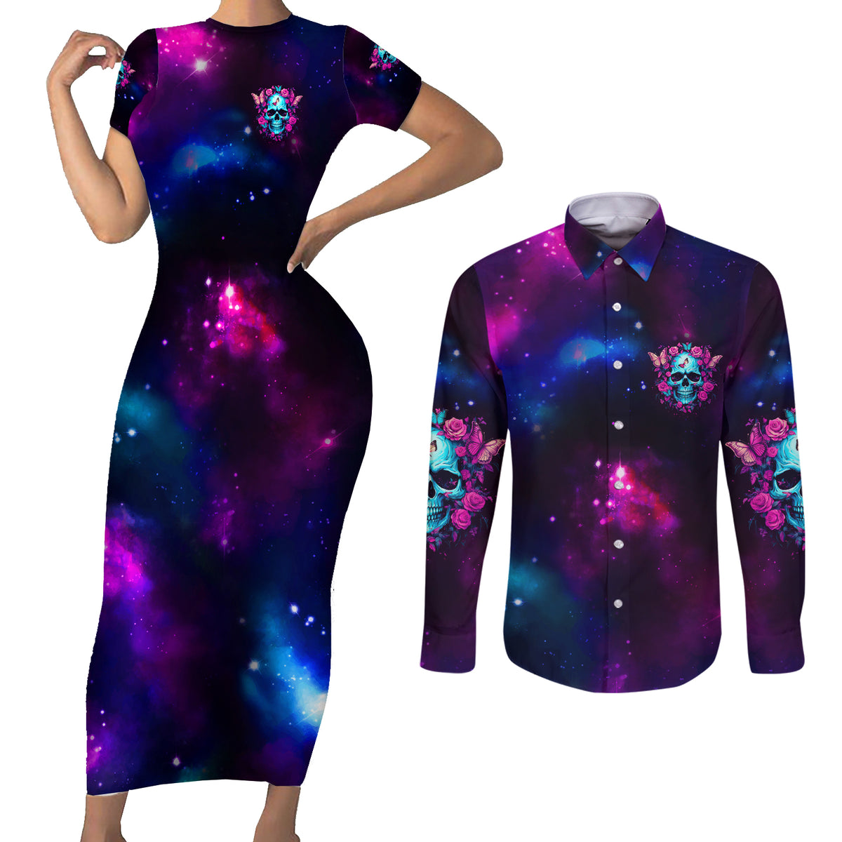Karma Fairy Skull Galaxy Couples Matching Short Sleeve Bodycon Dress and Long Sleeve Button Shirt - Wonder Print Shop