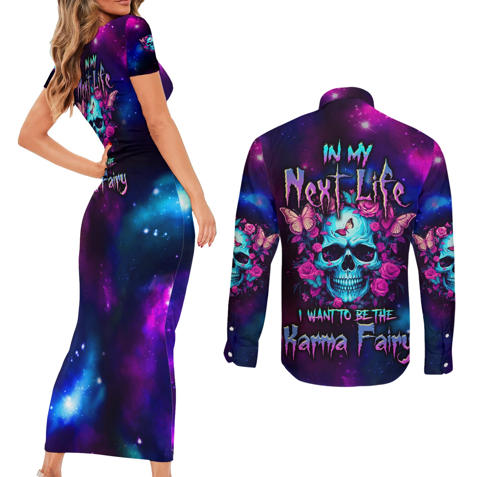 Karma Fairy Skull Galaxy Couples Matching Short Sleeve Bodycon Dress and Long Sleeve Button Shirt - Wonder Print Shop