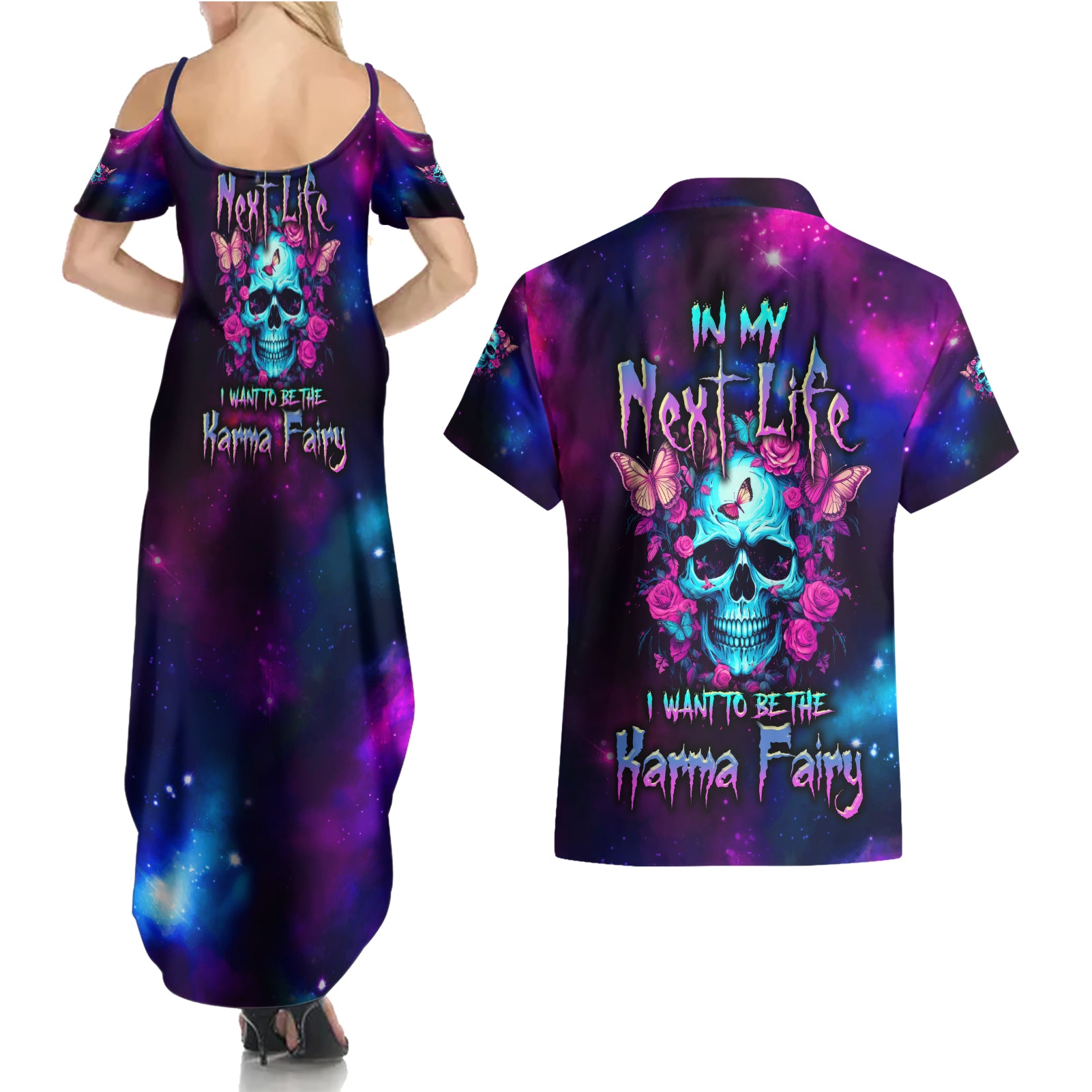 Karma Fairy Skull Galaxy Couples Matching Summer Maxi Dress and Hawaiian Shirt - Wonder Print Shop