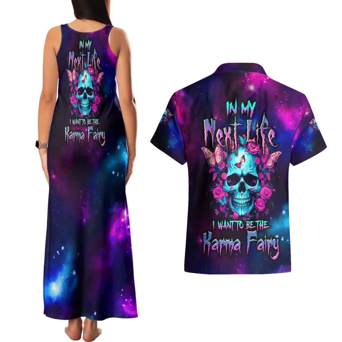 Karma Fairy Skull Galaxy Couples Matching Tank Maxi Dress and Hawaiian Shirt - Wonder Print Shop