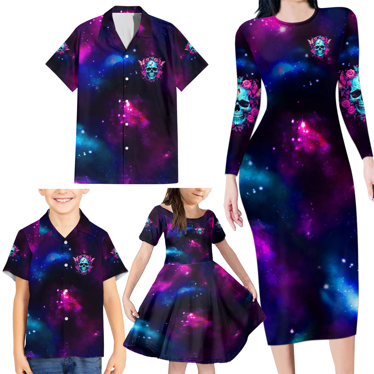 Karma Fairy Skull Galaxy Family Matching Long Sleeve Bodycon Dress and Hawaiian Shirt - Wonder Print Shop