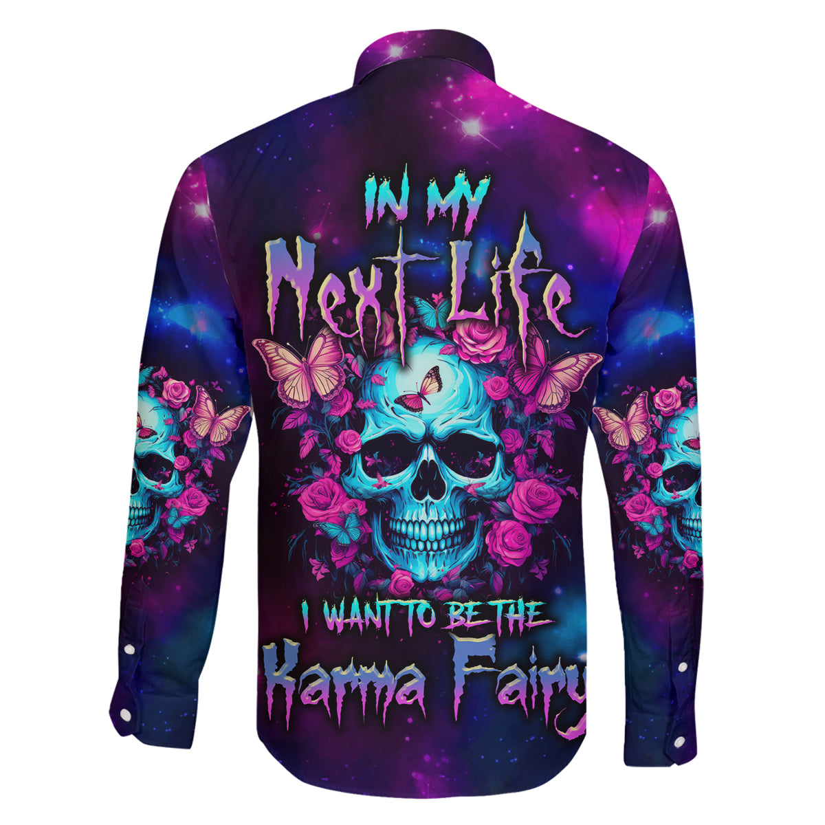 Karma Fairy Skull Galaxy Family Matching Long Sleeve Bodycon Dress and Hawaiian Shirt - Wonder Print Shop