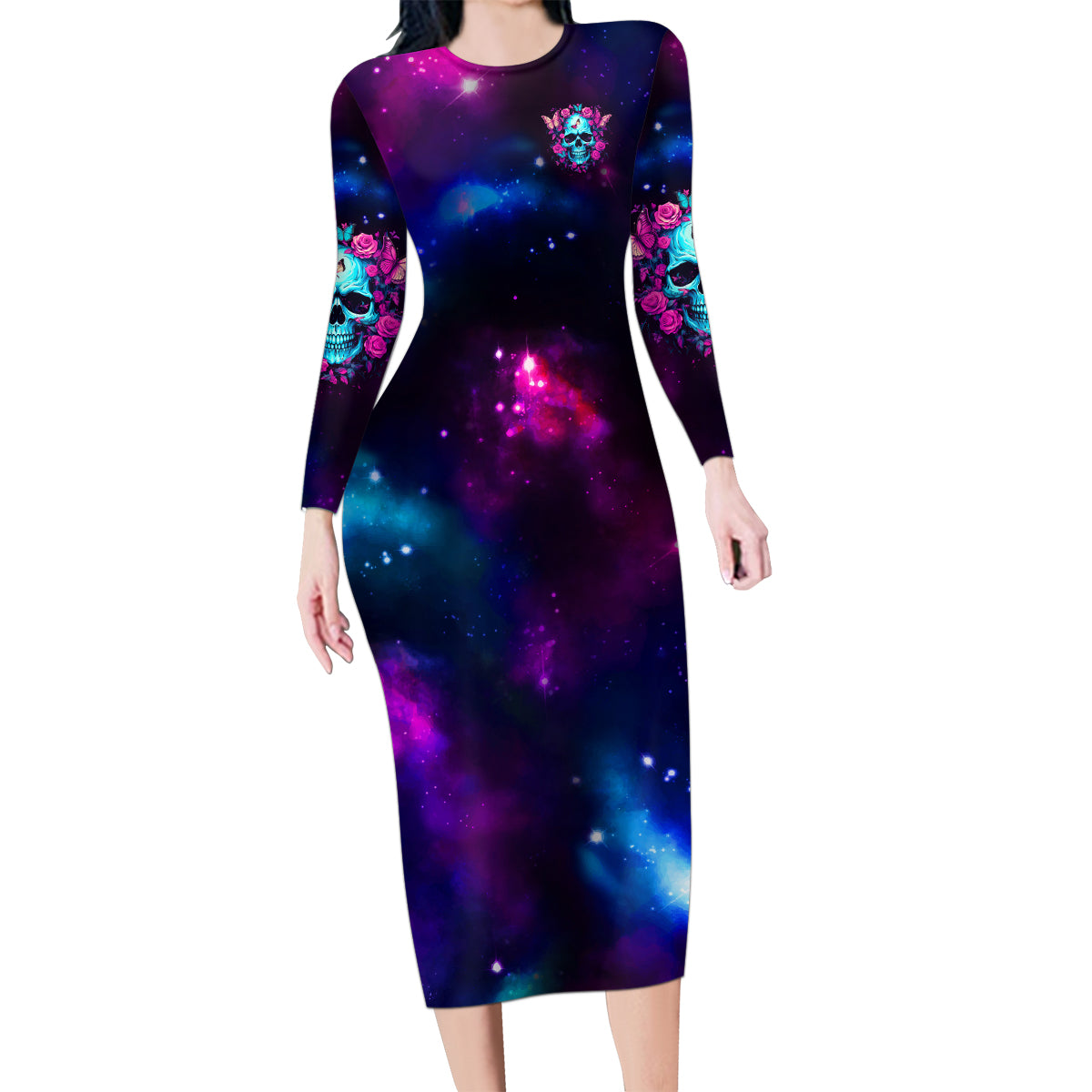 Karma Fairy Skull Galaxy Family Matching Long Sleeve Bodycon Dress and Hawaiian Shirt - Wonder Print Shop