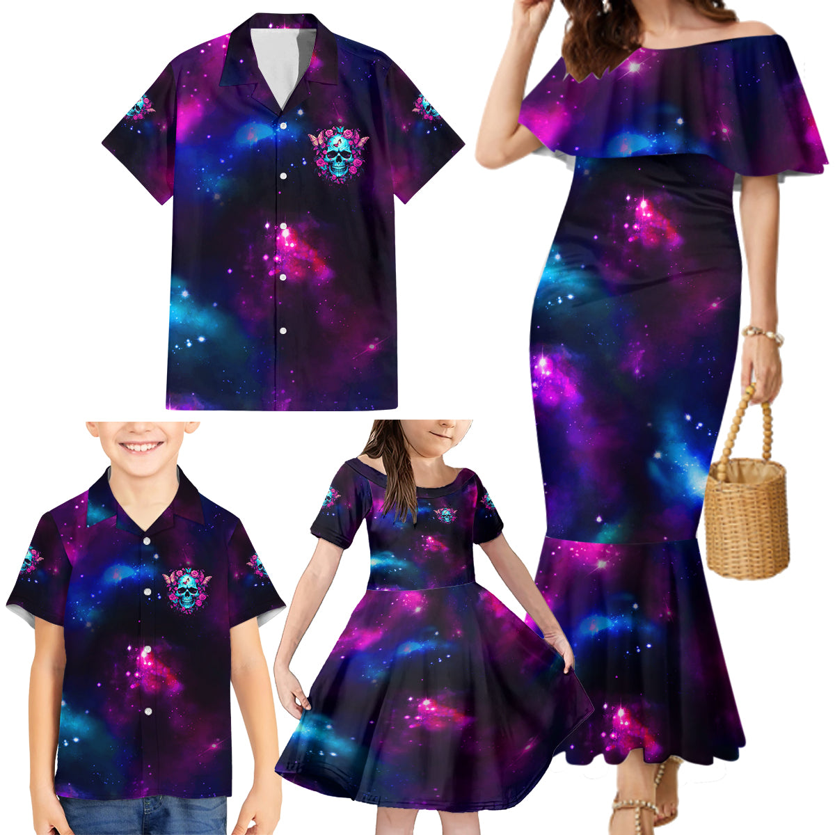 Karma Fairy Skull Galaxy Family Matching Mermaid Dress and Hawaiian Shirt - Wonder Print Shop