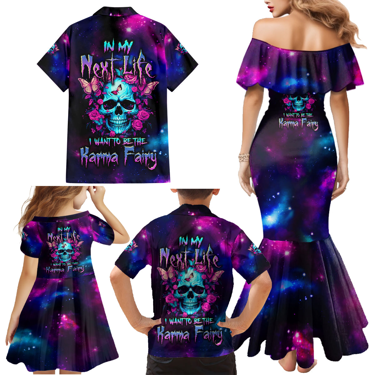 Karma Fairy Skull Galaxy Family Matching Mermaid Dress and Hawaiian Shirt - Wonder Print Shop