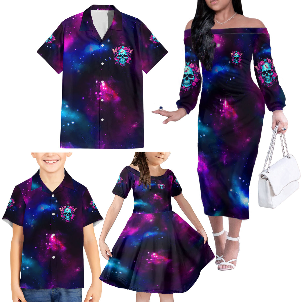 Karma Fairy Skull Galaxy Family Matching Off Shoulder Long Sleeve Dress and Hawaiian Shirt - Wonder Print Shop