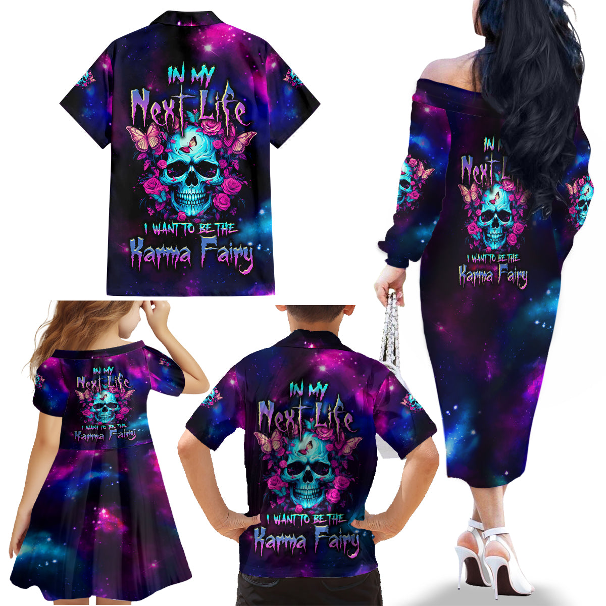 Karma Fairy Skull Galaxy Family Matching Off Shoulder Long Sleeve Dress and Hawaiian Shirt - Wonder Print Shop