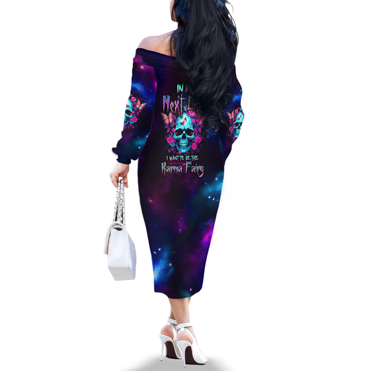 Karma Fairy Skull Galaxy Family Matching Off Shoulder Long Sleeve Dress and Hawaiian Shirt - Wonder Print Shop