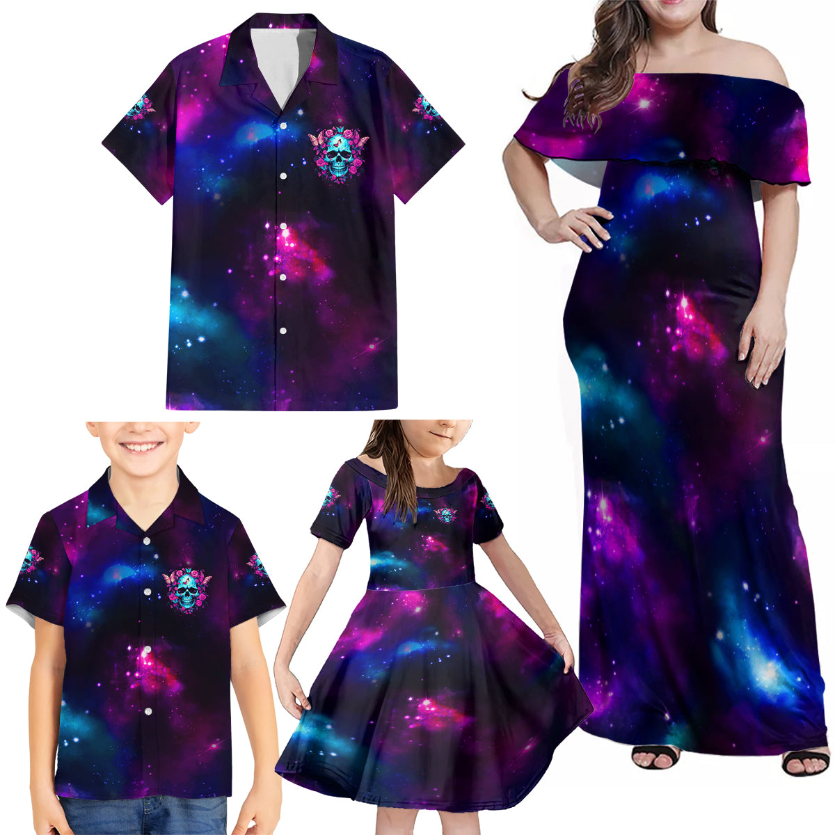 Karma Fairy Skull Galaxy Family Matching Off Shoulder Maxi Dress and Hawaiian Shirt - Wonder Print Shop
