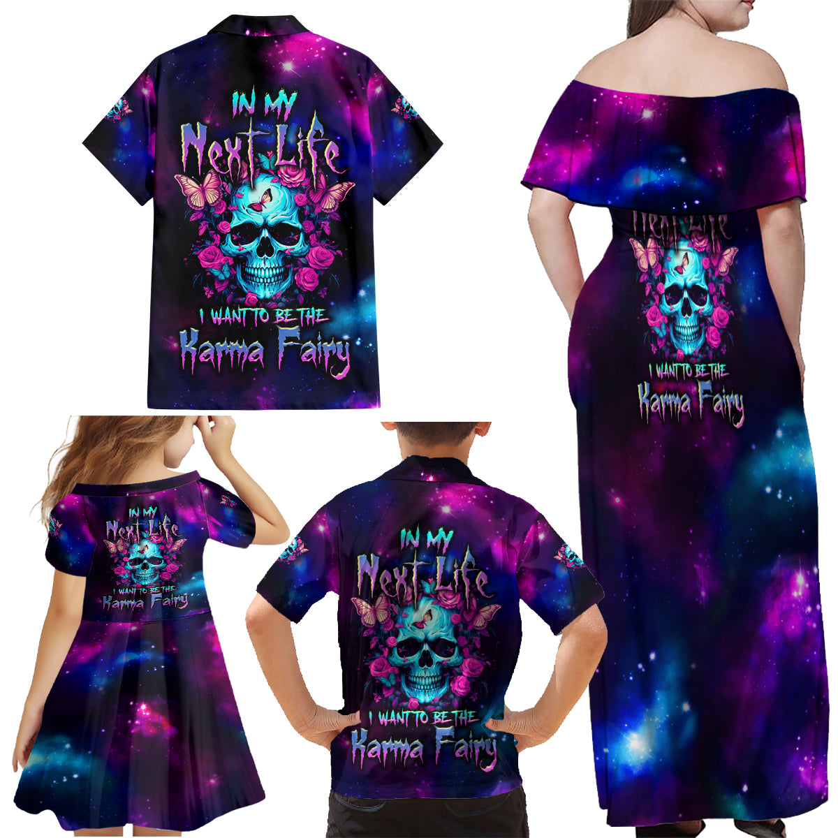 Karma Fairy Skull Galaxy Family Matching Off Shoulder Maxi Dress and Hawaiian Shirt - Wonder Print Shop