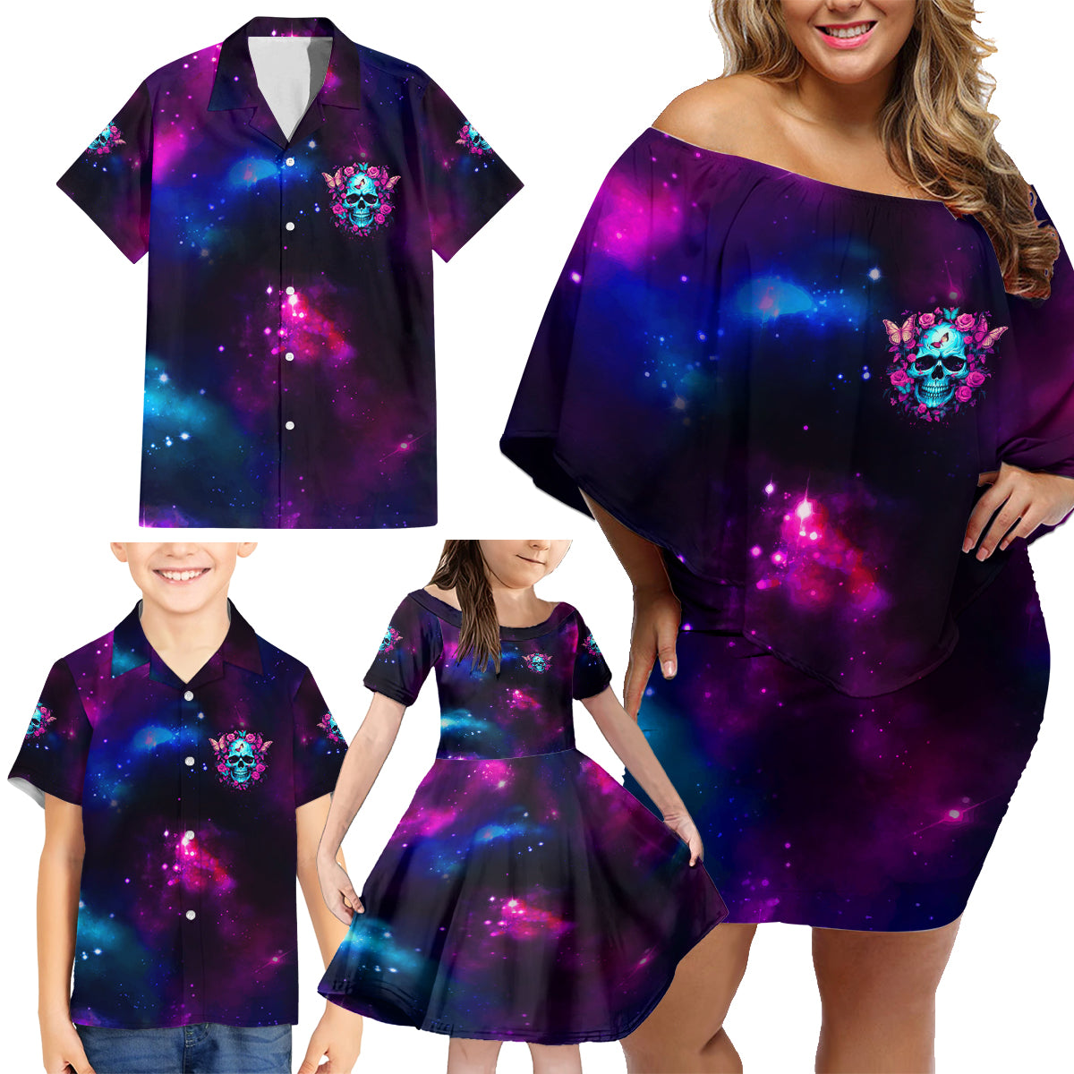 Karma Fairy Skull Galaxy Family Matching Off Shoulder Short Dress and Hawaiian Shirt - Wonder Print Shop