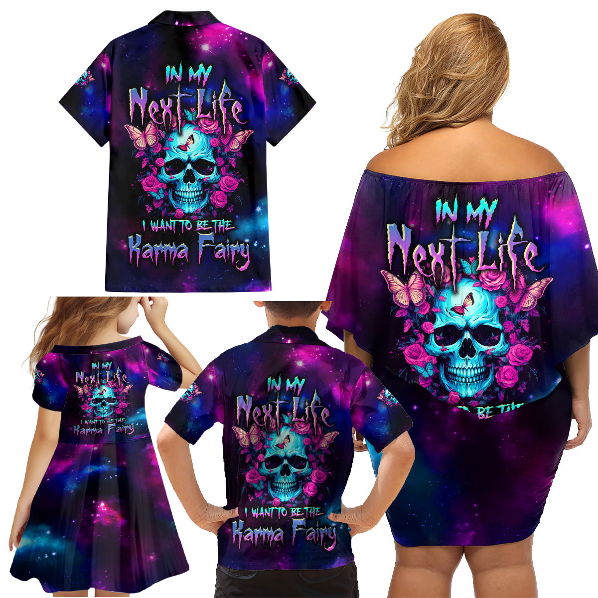 Karma Fairy Skull Galaxy Family Matching Off Shoulder Short Dress and Hawaiian Shirt - Wonder Print Shop