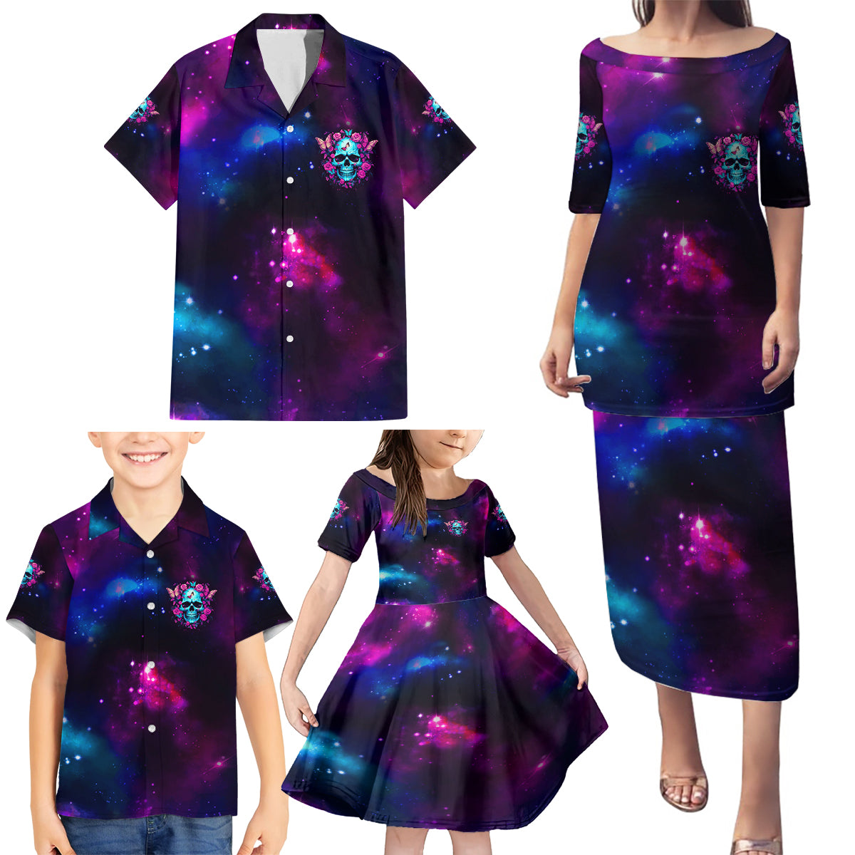 Karma Fairy Skull Galaxy Family Matching Puletasi Dress and Hawaiian Shirt - Wonder Print Shop