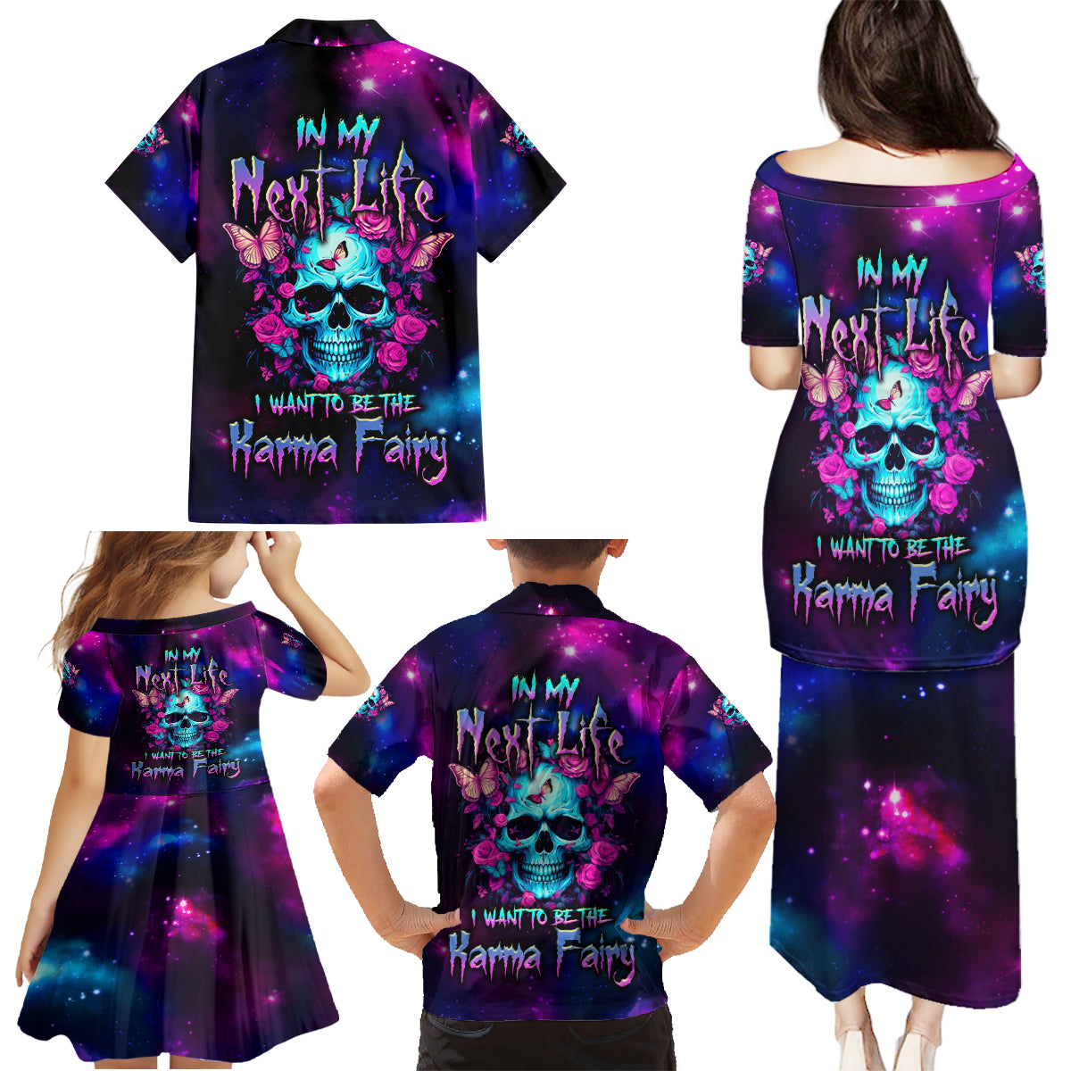 Karma Fairy Skull Galaxy Family Matching Puletasi Dress and Hawaiian Shirt - Wonder Print Shop