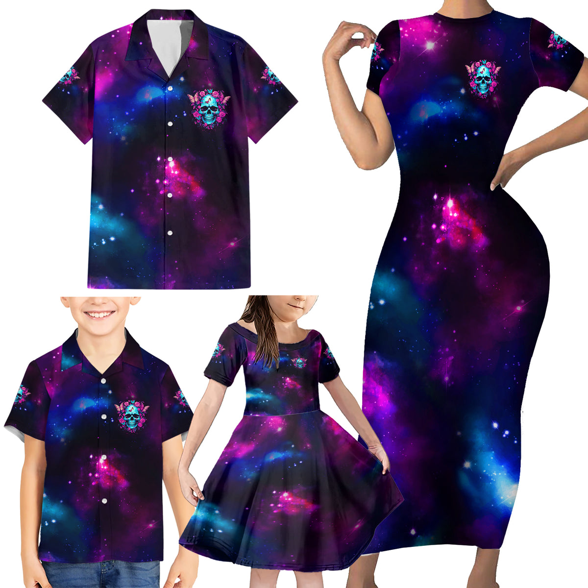 Karma Fairy Skull Galaxy Family Matching Short Sleeve Bodycon Dress and Hawaiian Shirt - Wonder Print Shop
