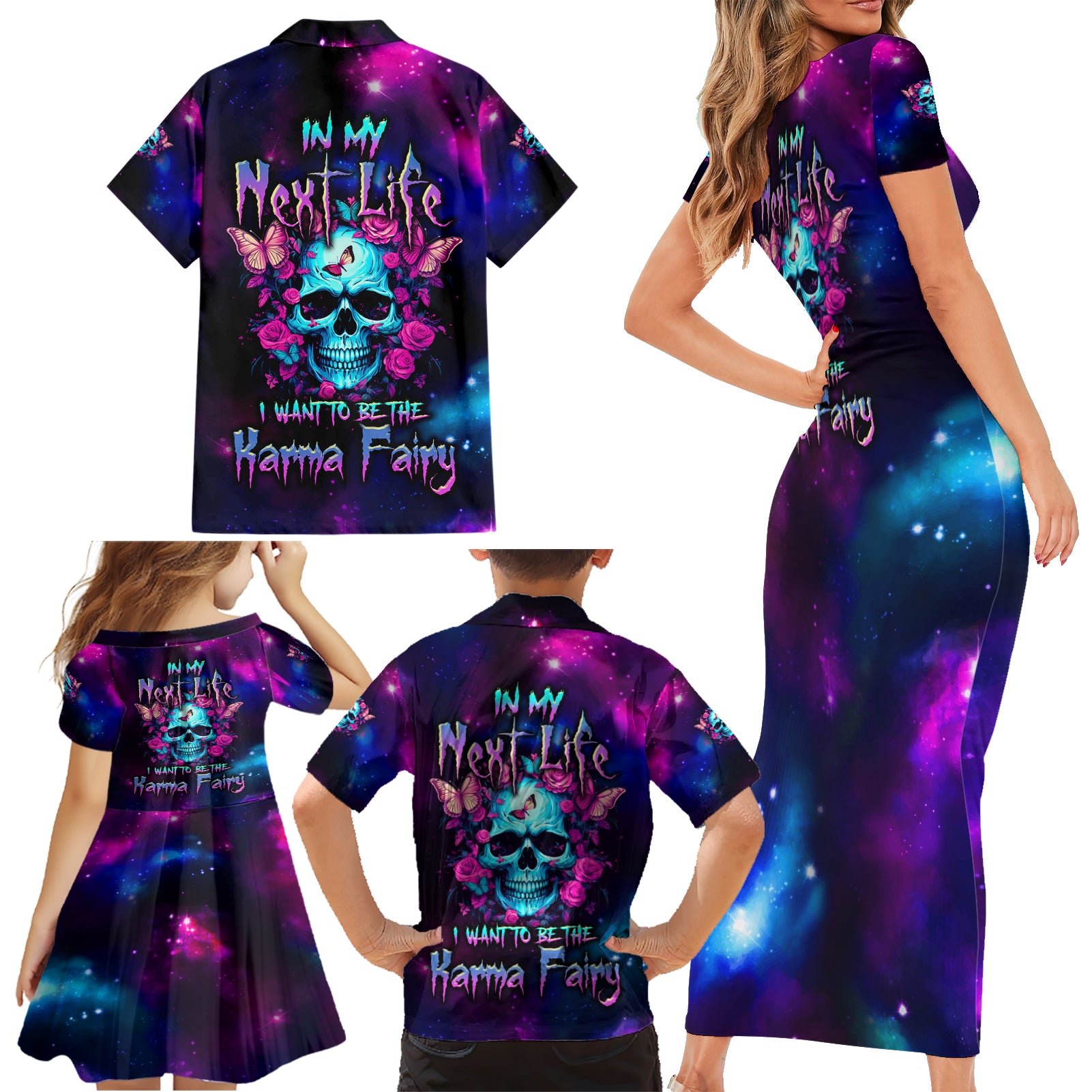 Karma Fairy Skull Galaxy Family Matching Short Sleeve Bodycon Dress and Hawaiian Shirt - Wonder Print Shop