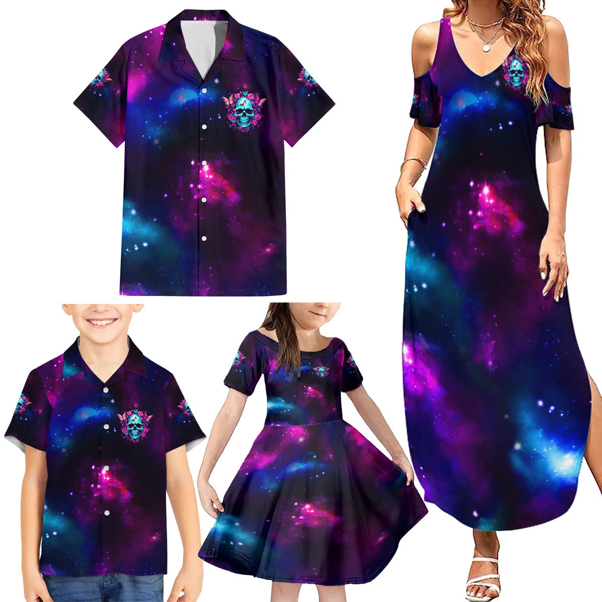 Karma Fairy Skull Galaxy Family Matching Summer Maxi Dress and Hawaiian Shirt - Wonder Print Shop