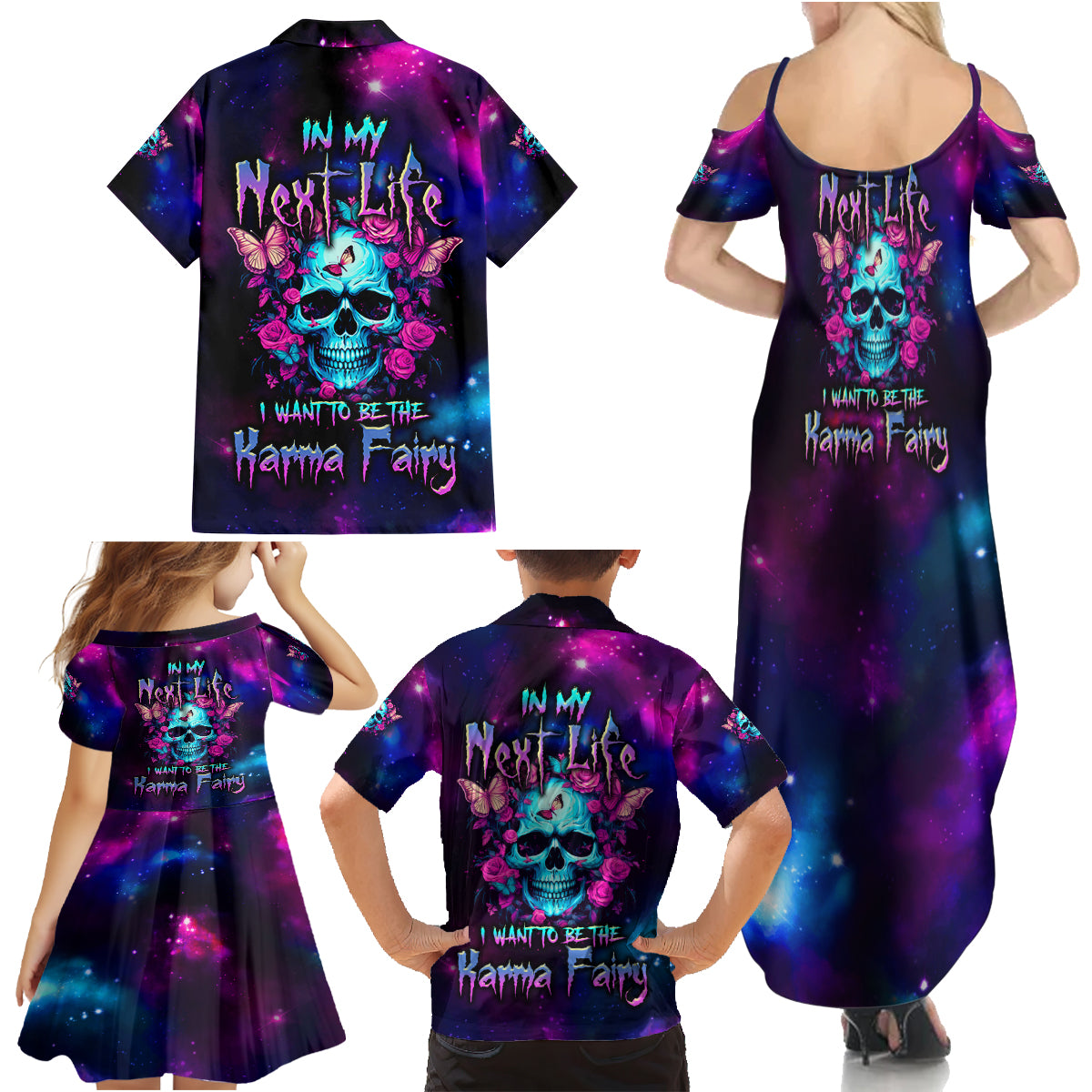 Karma Fairy Skull Galaxy Family Matching Summer Maxi Dress and Hawaiian Shirt - Wonder Print Shop