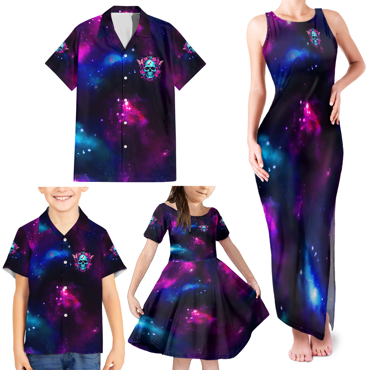 Karma Fairy Skull Galaxy Family Matching Tank Maxi Dress and Hawaiian Shirt - Wonder Print Shop
