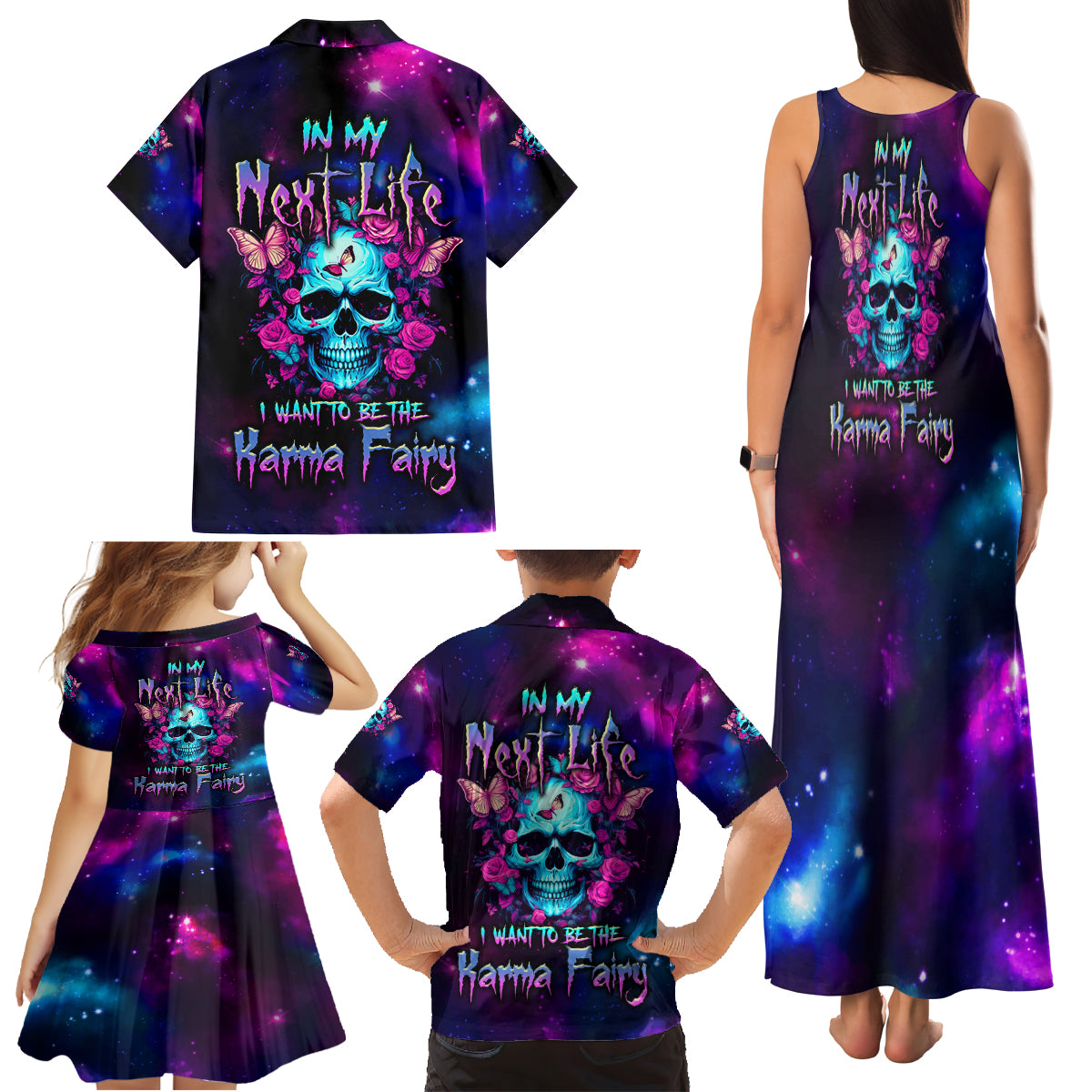 Karma Fairy Skull Galaxy Family Matching Tank Maxi Dress and Hawaiian Shirt - Wonder Print Shop