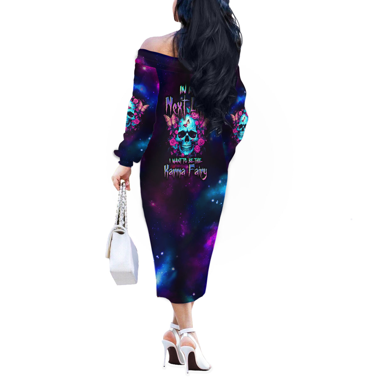 Karma Fairy Skull Galaxy Off The Shoulder Long Sleeve Dress - Wonder Print Shop