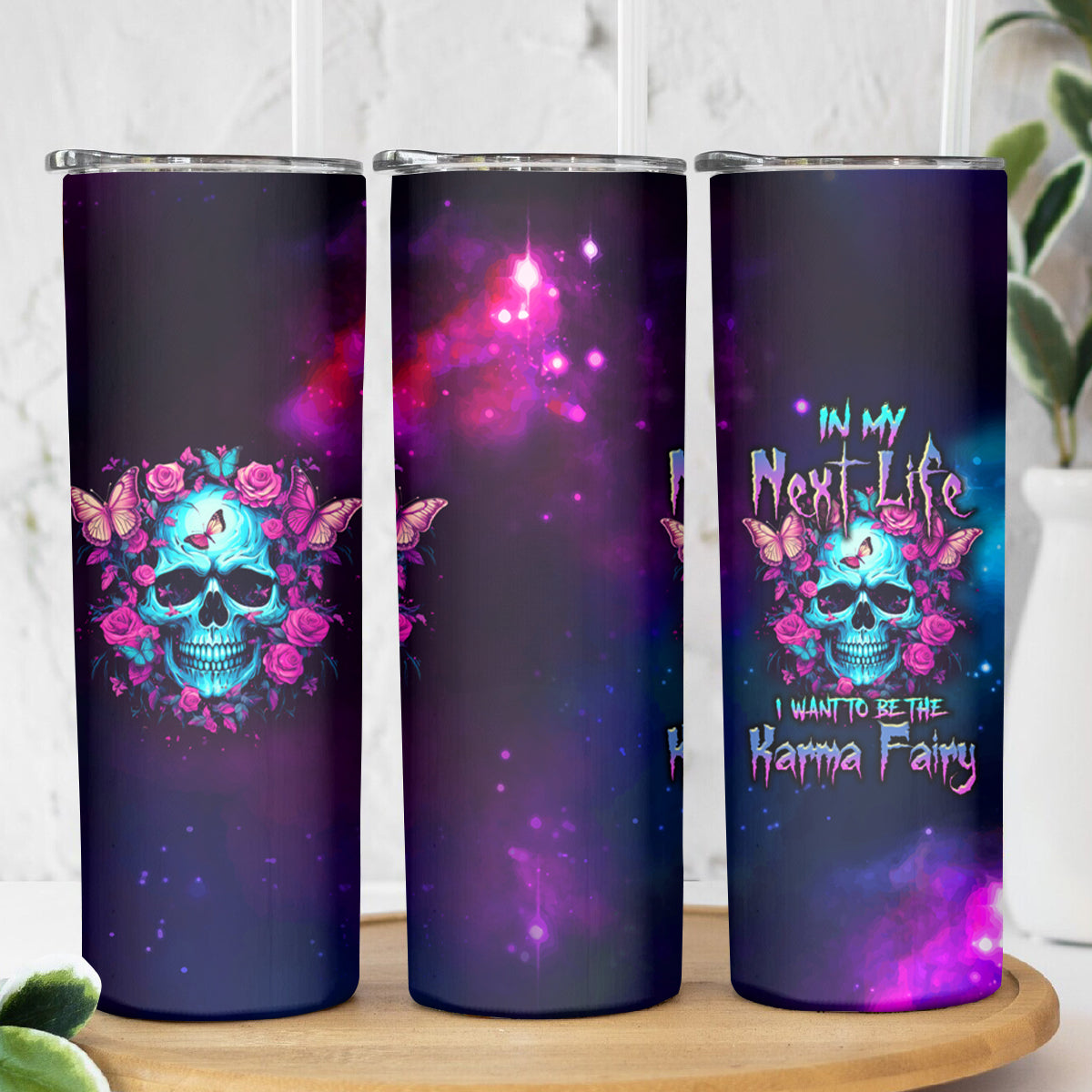 Karma Fairy Skull Galaxy Skinny Tumbler - Wonder Print Shop