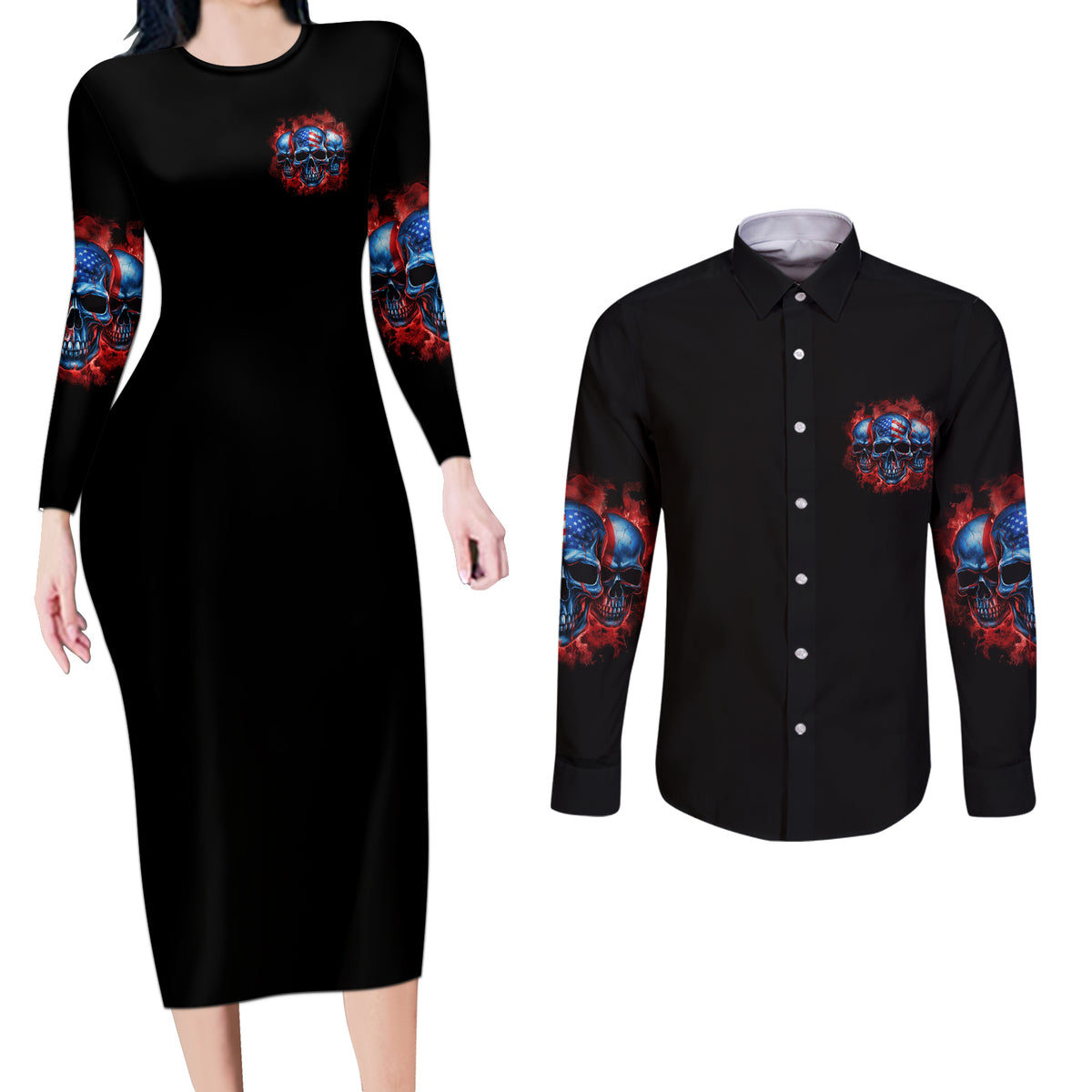I'm Never Alone My Demons Are With Me 24/7 Couples Matching Long Sleeve Bodycon Dress and Long Sleeve Button Shirt - Wonder Print Shop