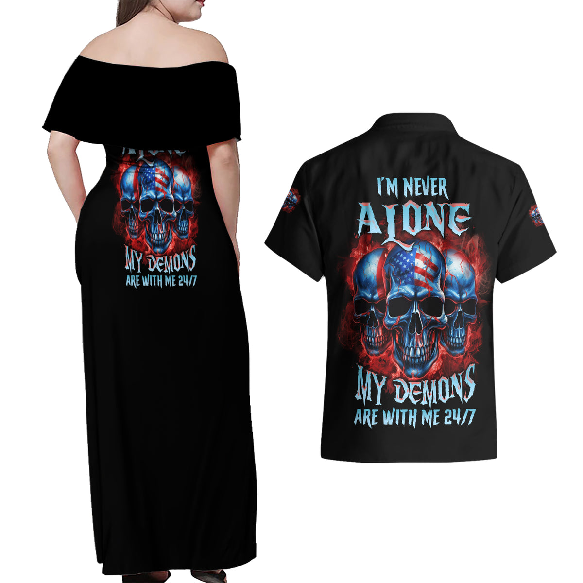 I'm Never Alone My Demons Are With Me 24/7 Couples Matching Off Shoulder Maxi Dress and Hawaiian Shirt - Wonder Print Shop