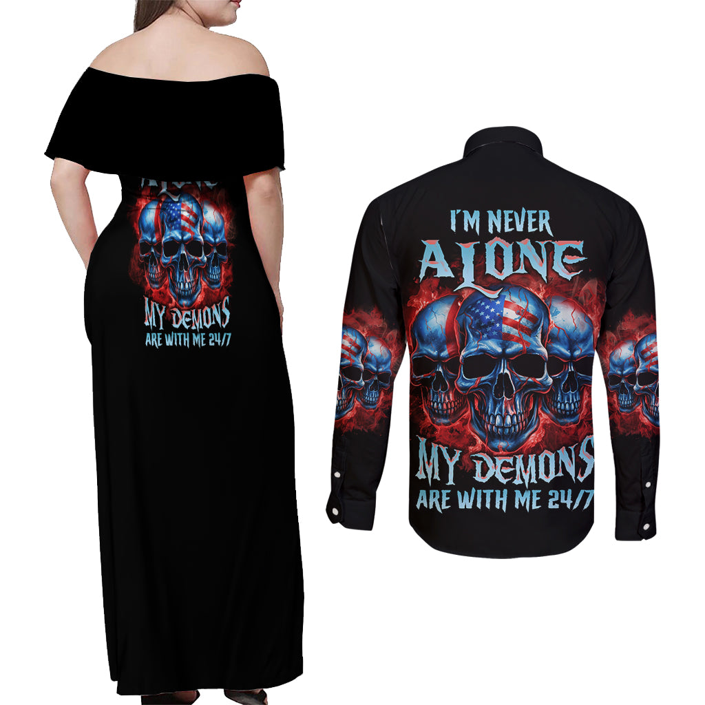 I'm Never Alone My Demons Are With Me 24/7 Couples Matching Off Shoulder Maxi Dress and Long Sleeve Button Shirt - Wonder Print Shop