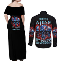 I'm Never Alone My Demons Are With Me 24/7 Couples Matching Off Shoulder Maxi Dress and Long Sleeve Button Shirt - Wonder Print Shop