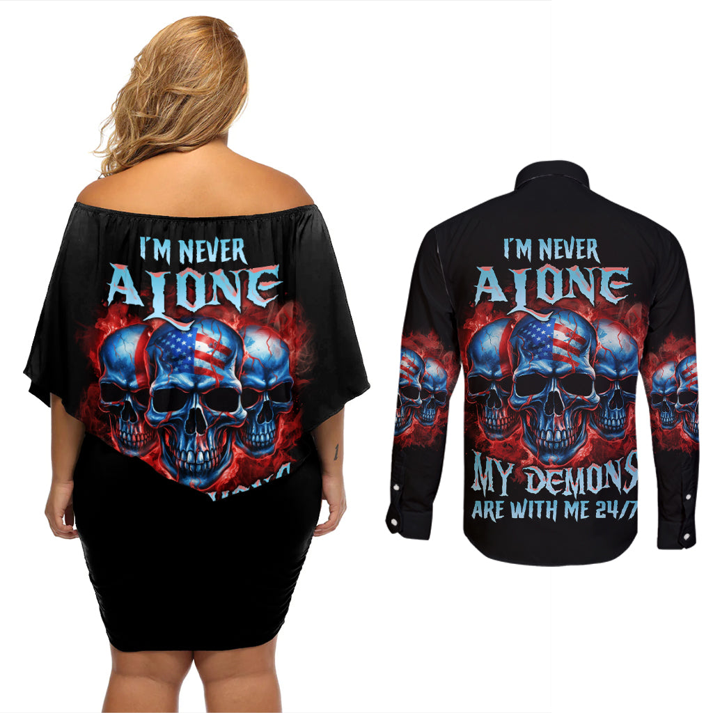 I'm Never Alone My Demons Are With Me 24/7 Couples Matching Off Shoulder Short Dress and Long Sleeve Button Shirt - Wonder Print Shop