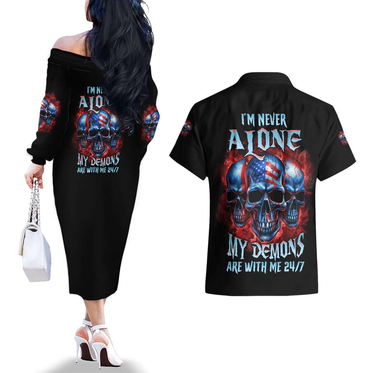 I'm Never Alone My Demons Are With Me 24/7 Couples Matching Off The Shoulder Long Sleeve Dress and Hawaiian Shirt - Wonder Print Shop