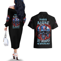 I'm Never Alone My Demons Are With Me 24/7 Couples Matching Off The Shoulder Long Sleeve Dress and Hawaiian Shirt - Wonder Print Shop