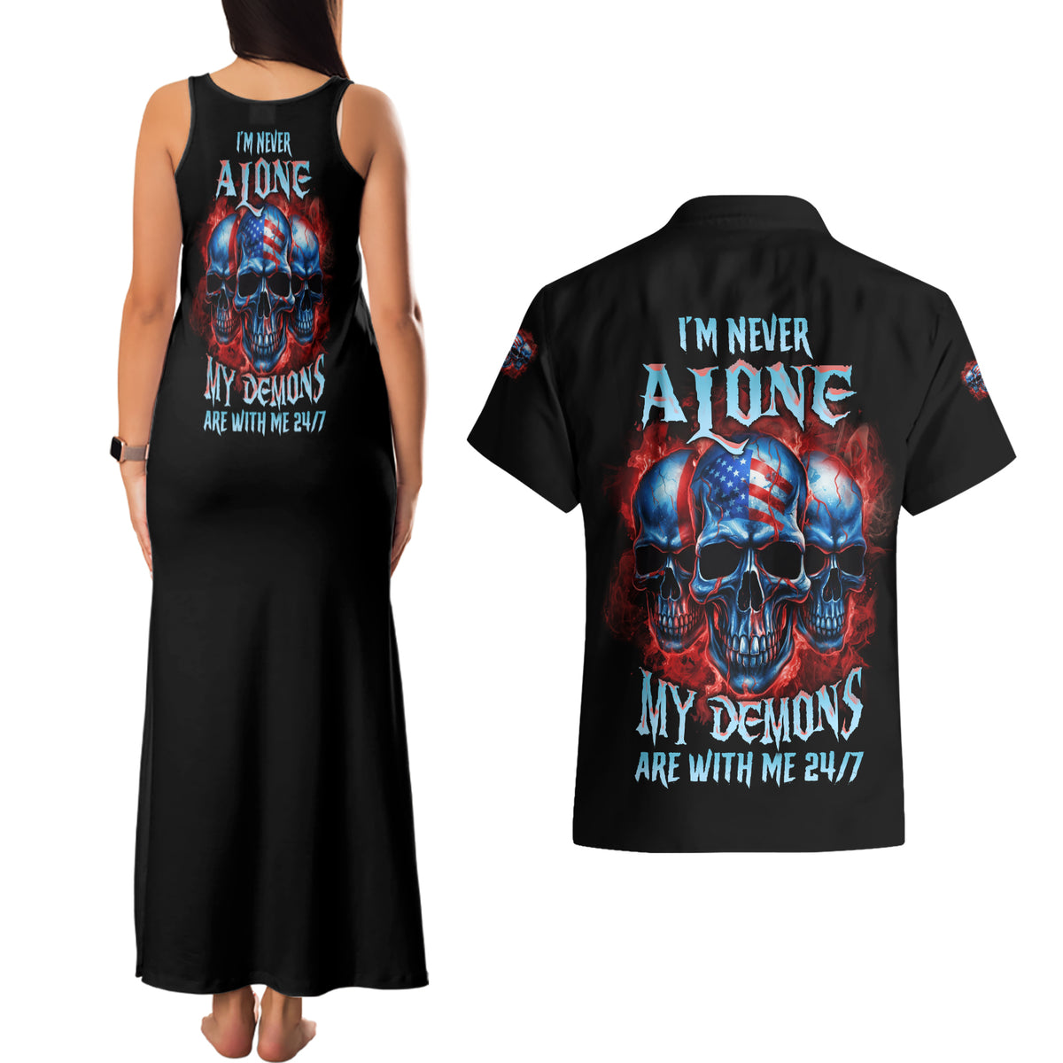 I'm Never Alone My Demons Are With Me 24/7 Couples Matching Tank Maxi Dress and Hawaiian Shirt - Wonder Print Shop