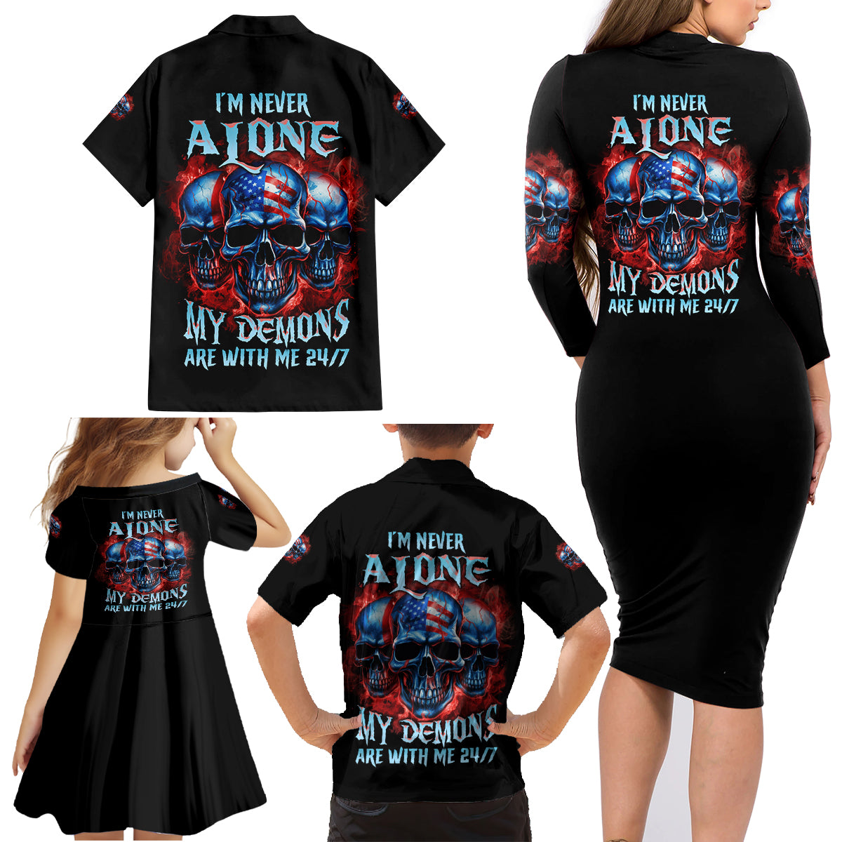 I'm Never Alone My Demons Are With Me 24/7 Family Matching Long Sleeve Bodycon Dress and Hawaiian Shirt - Wonder Print Shop