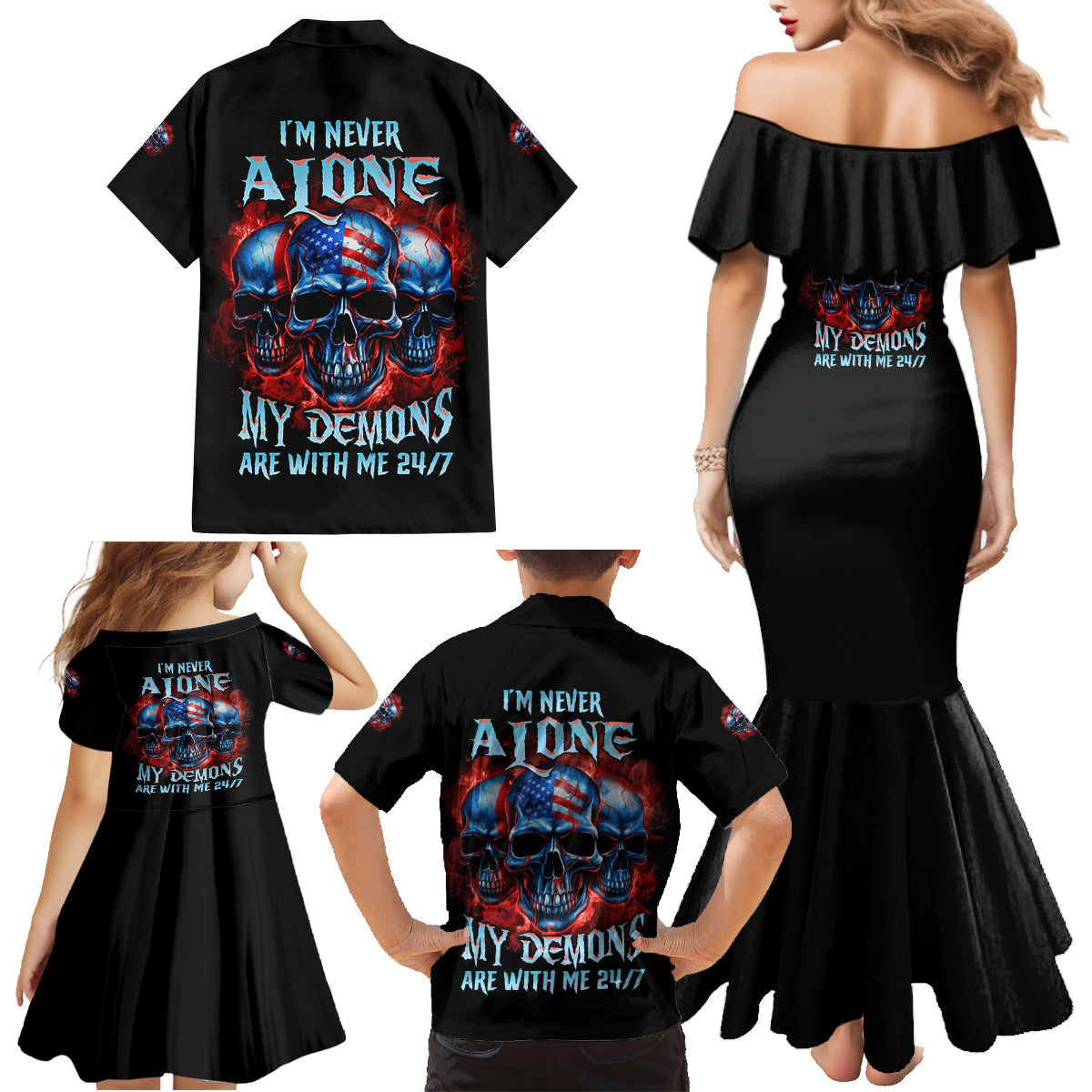 I'm Never Alone My Demons Are With Me 24/7 Family Matching Mermaid Dress and Hawaiian Shirt - Wonder Print Shop