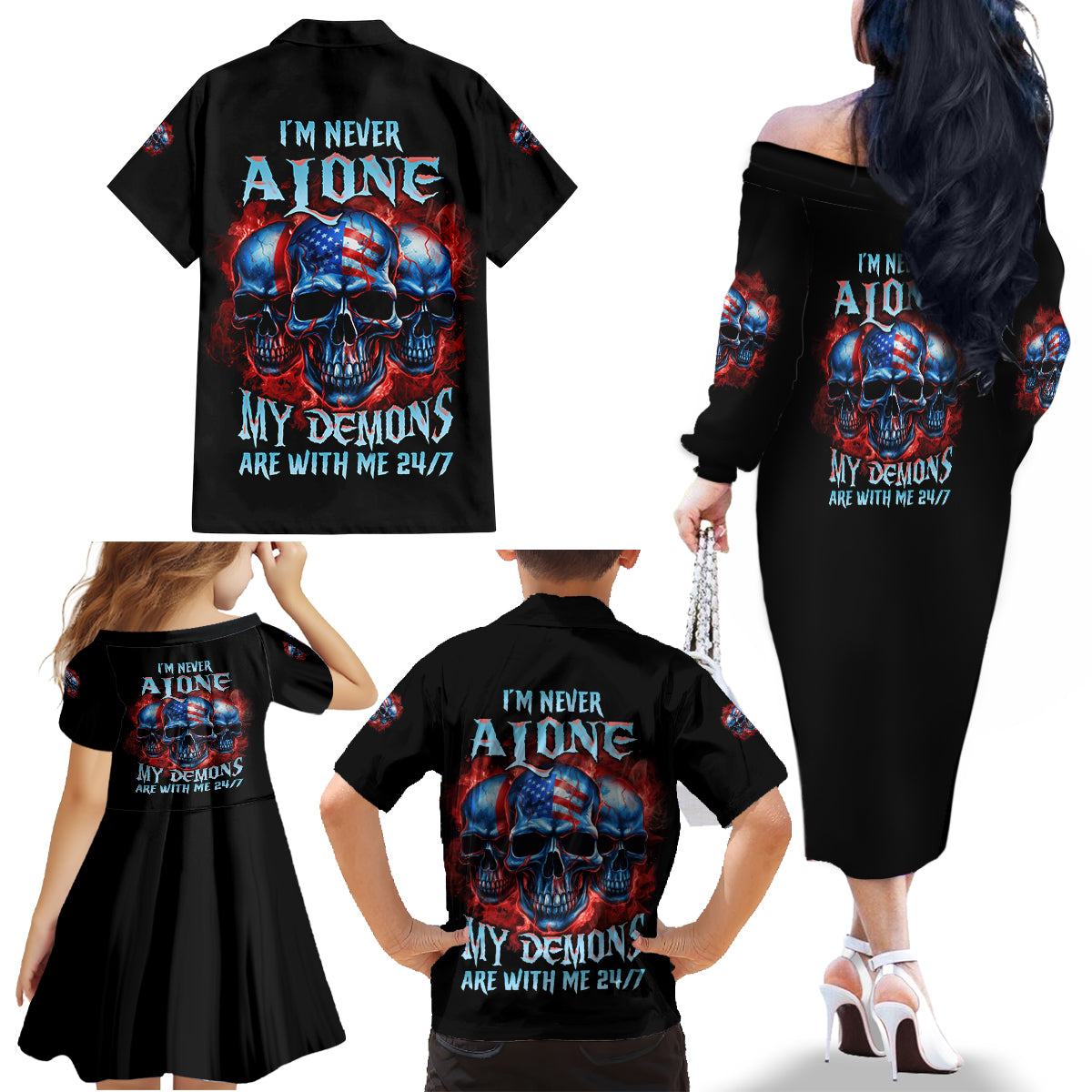 I'm Never Alone My Demons Are With Me 24/7 Family Matching Off Shoulder Long Sleeve Dress and Hawaiian Shirt - Wonder Print Shop