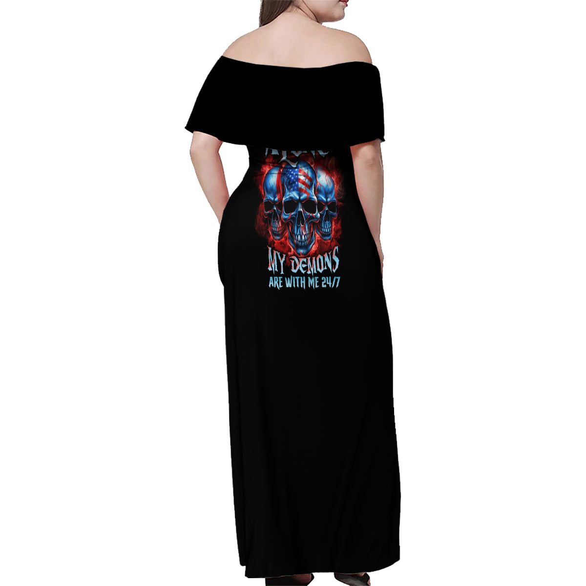 I'm Never Alone My Demons Are With Me 24/7 Family Matching Off Shoulder Maxi Dress and Hawaiian Shirt - Wonder Print Shop